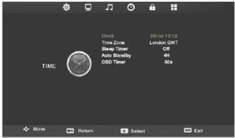 Clock 20/Jul 13:12 Time Zone London GMT Sleep Timer Off Auto Standby 4H OSD Timer 30s TIME