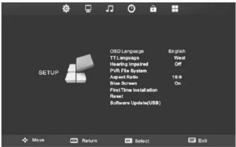 OSD Language English TT Language West Hearing Impaired Off PVR File System Aspect Ratio 16:9 Blue Screen On First Time Installation Reset Software Update(USB)