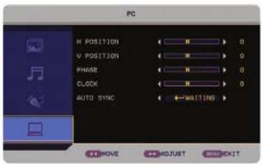 PC H POSITION V POSITION PHASE CLOCK AUTO SYNC MOUTING X:MOVE Y:ADJUST Z:EXIT