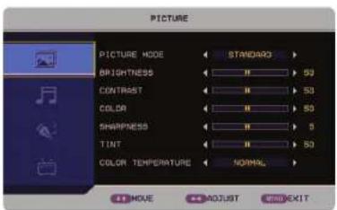 PICTURE PICTURE MODE STANDARD BRIGHTNESS 52 CONTRAST 53 COLOR 50 SWAPPNESS 5 TINT 50 COLOR TEMPERATURE NORMAL MOVE # ADJUST FREE EXIT