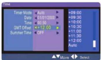 Timer Mode Date Time GMT Offset Summer Time Auto 01/01/2000 00:50 +12.00 OFF +09:00 +09:30 +10:00 +10:30 +11:00 +11:30 +12:00 Auto Move Select