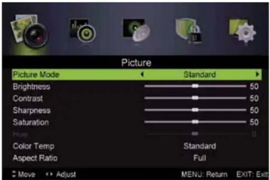 Picture Picture Mode Standard Brightness 50 Contrast 50 Sharpness 50 Saturation 50 Hue Color Temp Standard Aspect Ratio Full Move Adjust MENU: Return EXIT: Exit