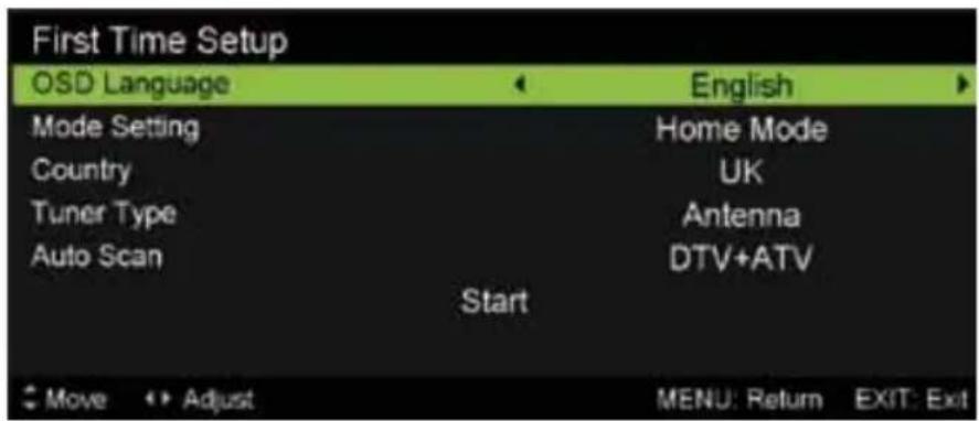 First Time Setup OSD Language Mode Setting Country Tuner Type Auto Scan Start English Home Mode UK Antenna DTV+ATV Move Adjust MENU: Return EXIT: Exit