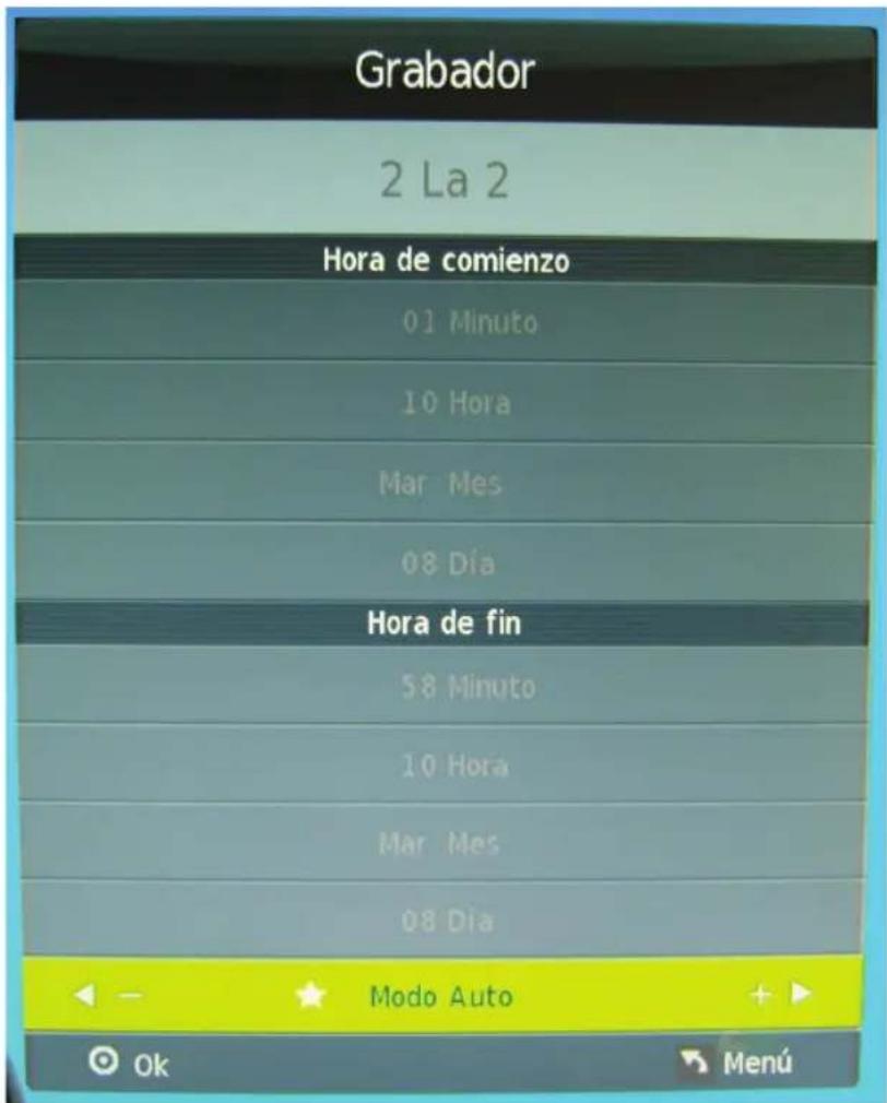 Grabador 2 La 2 Hora de comienzo 01 Minuto 10 Hora Mar Mes 08 Dia Hora de fin 58 Minuto 10 Hora Mar Mes 08 Dia Modo Auto Ok Menú