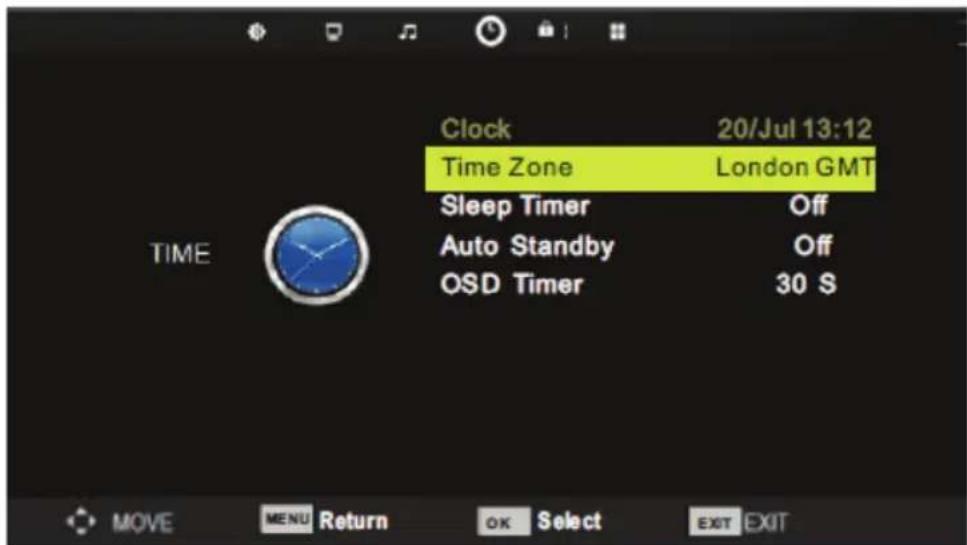 Clock 20/Jul 13:12 Time Zone London GMT Sleep Timer Off Auto Standby Off OSD Timer 30 S TIME MOVE MENU Return OK Select EXIT EXIT