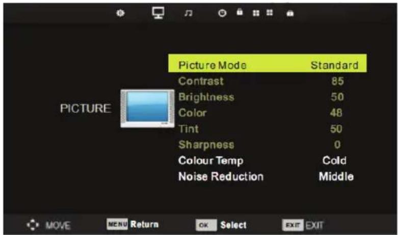 Picture Mode Standard Contrast 85 Brightness 50 Color 48 Tint 50 Sharpness 0 Colour Temp Cold Noise Reduction Middle MOVE MENU Return OK Select EXIT EXIT