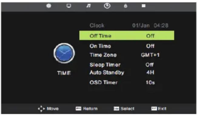 Clock 01/Jan 04:28 Off Time Off On Time Off Time Zone GMT+1 Sleep Timer Off Auto Standby 4H OSD Timer 10s TIME