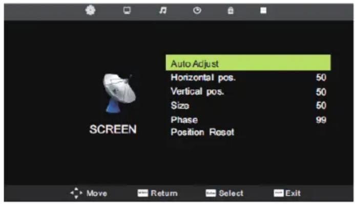 Auto Adjust Horizontal pos. 50 Vertical pos. 50 Size 50 Phase 99 Position Reset SCREEN