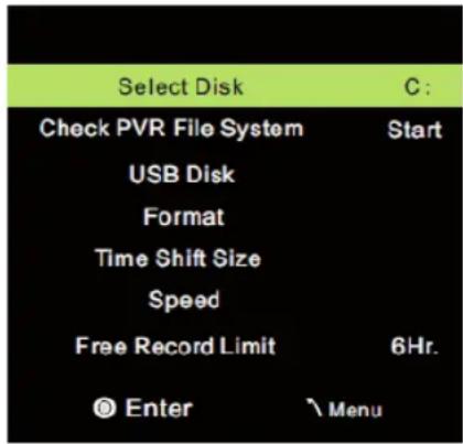 Select Disk C: Check PVR File System Start USB Disk Format Time Shift Size Speed Free Record Limit 6Hr. © Enter \Menu