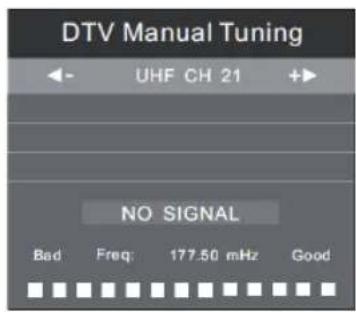 DTV Manual Tuning UHF CH 21 NO SIGNAL Bad Freq: 177.50 mHz Good