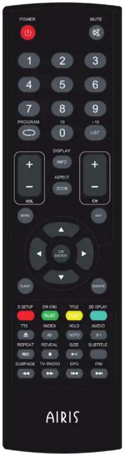 POWER MUTE 1 2 3 4 5 6 7 8 9 PROGRAM 10 +10 LIST 0 DISPLAY INFO ASPECT ZOOM + - CH VOL MENU EXIT OK ENTER SLEEP SOURCE D SETUP DM ENU TITLE DD ISPLAY RLIST TIME TTX INDEX HOLD AUDIO AB GOTO B I REPEAT REVEAL SIZE SUBTITLE REC ▶ II SUBPAGE TV/RADIO EPG FAV AIRIS