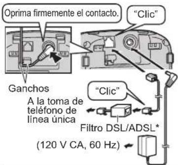 Oprima firmemente el contacto. "Glic" Ganchos A la toma de teléfono de línea única "Filtro DSL/ADSL* (120 V CA, 60 Hz)