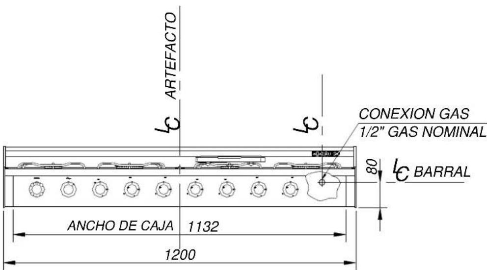 ARTEFACTO CONEXION GAS 1/2" GAS NOMINAL BARRAL 80 ANCHO DE CAJA 1132 1200