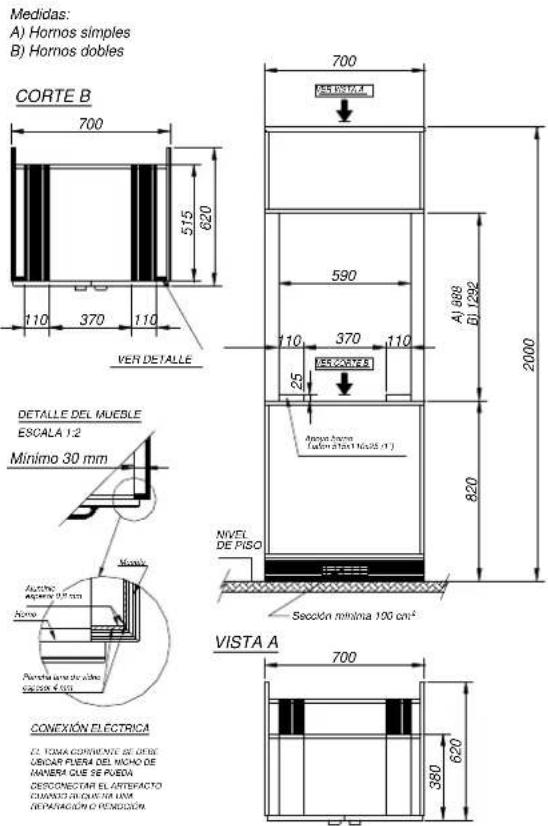 Medidas: A) Hornos simples B) Hornos dobles CORTE B 700 515 620 110 370 110 VER DETALLE 700 DEL PISTA A 590 110 370 110 A) 888 B) 1292 2000 DETALLE DEL MUEBLE ESCALA 1.2 Minimo 30 mm Aurino Applina 0.5 mm Nome Parotra sane de aldo SALON 4.000 NIVEL DE PISO Sección mínima 100 cm² VISTA A 700 380 620 CONEXIÓN ELECTRICA EL TOMA CONVENIENTE DE DISE UBICAR FUERA DEL MACHO DE MANERA QUE SE PUEJA DESCONESTAR EL INTERFACIO COMUNICIO EN LA UNA DEPARACIÓN O PENSIONA