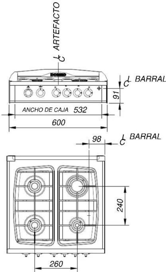 ARTEFACTO t BARRAL 91 ANCHO DE CAJA 532 600 98 BARRAL 240 260