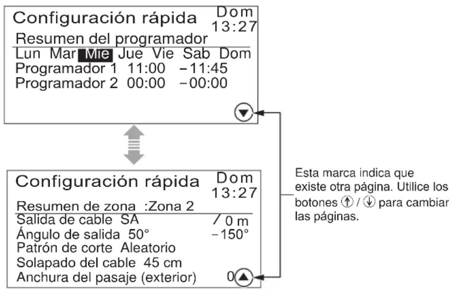 Configuración rápida Dom 13:27 Resumen del programador Lun Mar Mie Jue Vie Sab Dom Programador 1 11:00 -11:45 Programador 2 00:00 -00:00 Configuración rápida Dom 13:27 Resumen de zona :Zona 2 Salida de cable SA / 0 m Ángulo de salida 50° -150° Patrón de corte Aleatorio Solapado del cable 45 cm Anchura del pasaje (exterior) 0▲ Esta marca indica que existe otra página. Utilice los botones ⏻/ ⏻ para cambiar las páginas.