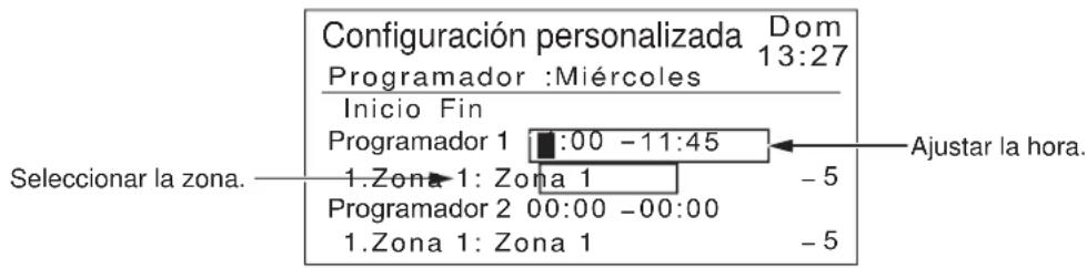 Configuración personalizada Dom 13:27 Programador :Miércoles Inicio Fin Programador 1 00 -11:45 1.Zona 1: Zona 1 Programador 2 00:00 -00:00 1.Zona 1: Zona 1 Ajustar la hora. Seleccionar la zona. -5 -5