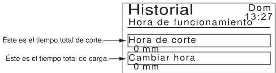Historial Hora de funcionamiento Éste es el tiempo total de corte. Hora de corte 0 mm Éste es el tiempo total de carga. Cambiar hora 0 mm Dom 13:27