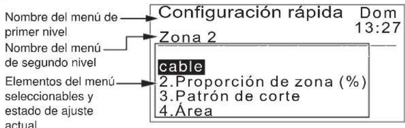 Nombre del menú de primer nivel Nombre del menú de segundo nivel Elementos del menú seleccionables y estado de ajuste actual. Configuración rápida Dom 13:27 Zona 2 cable 2. Proporción de zona (%) 3. Patrón de corte 4. Área