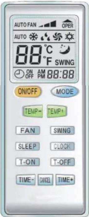 AUTO FAN OPER AUTO 88°C SWING ON OFF AM 88:88 OFF PM ON/OFF MODE TEMP- TEMP+ FAN SWING SLEEP CLOCK T-ON T-OFF TIME- CANCEL TIME+