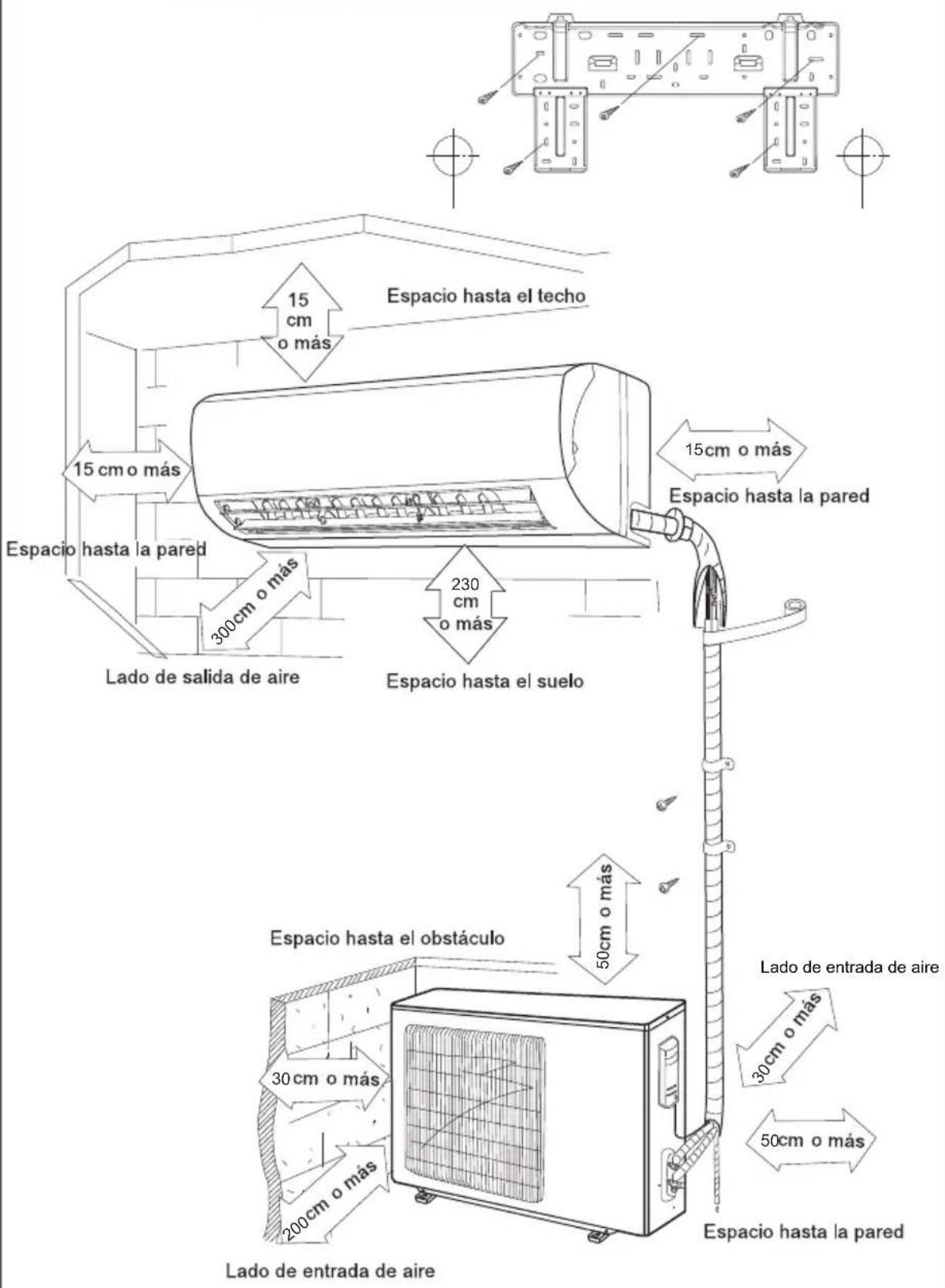 Espacio hasta el techo 15 cm o más Espacio hasta la pared 300 cm o más Lado de salida de aire 230 cm o más Espacio hasta el suelo 15 cm o más Espacio hasta la pared 50 cm o más Espacio hasta el obstáculo 30 cm o más 200 cm o más Lado de entrada de aire 30 cm o más 50 cm o más Espacio hasta la pared