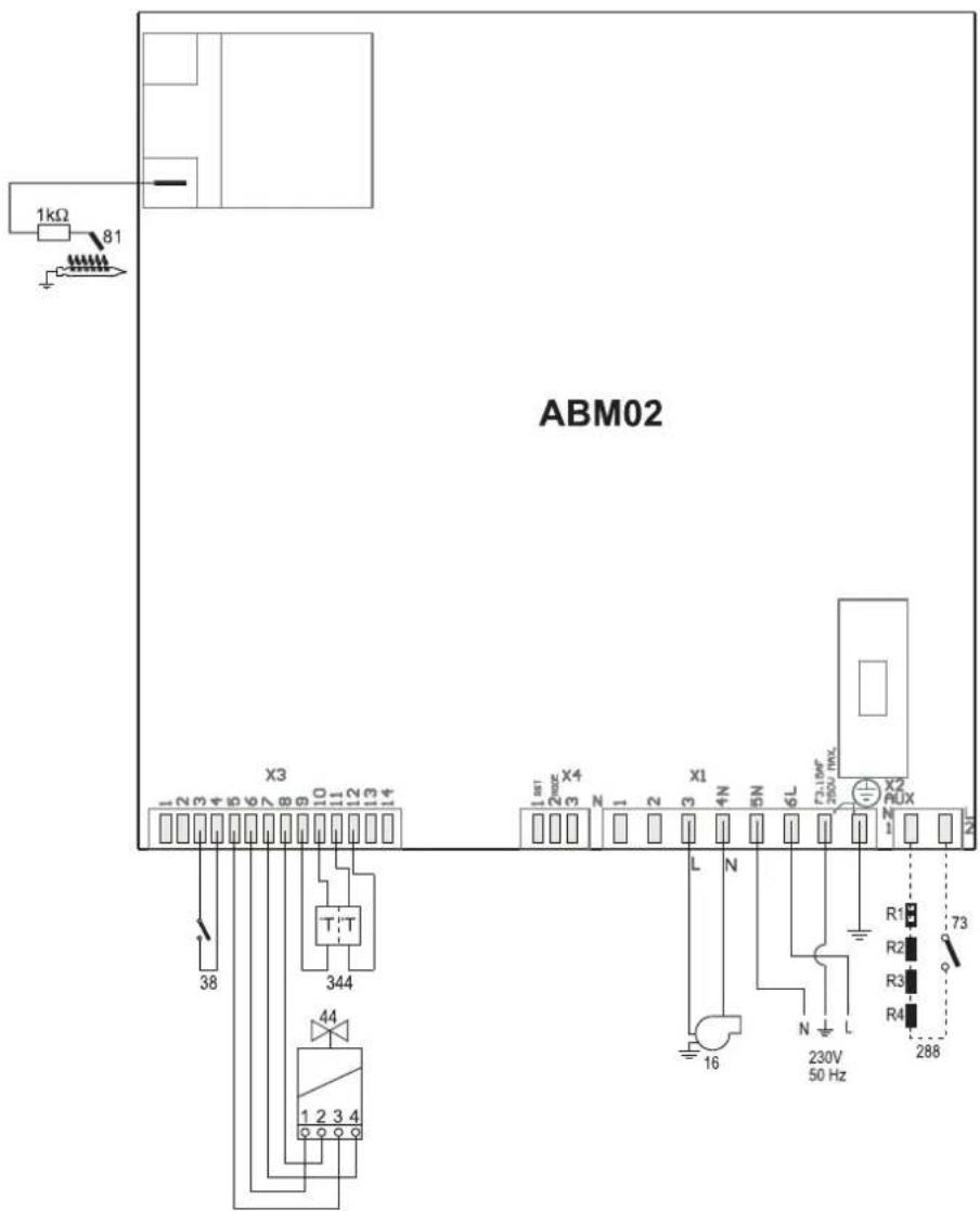 1kΩ 81 ABM02 X3 1 2 3 4 5 6 7 8 9 10 11 12 13 14 38 T:T 344 44 1 2 3 4 L N 16 X1 4N 5N 6L F2.1MP 250V Rux R1 R2 R3 R4 73 230V 50 Hz 288