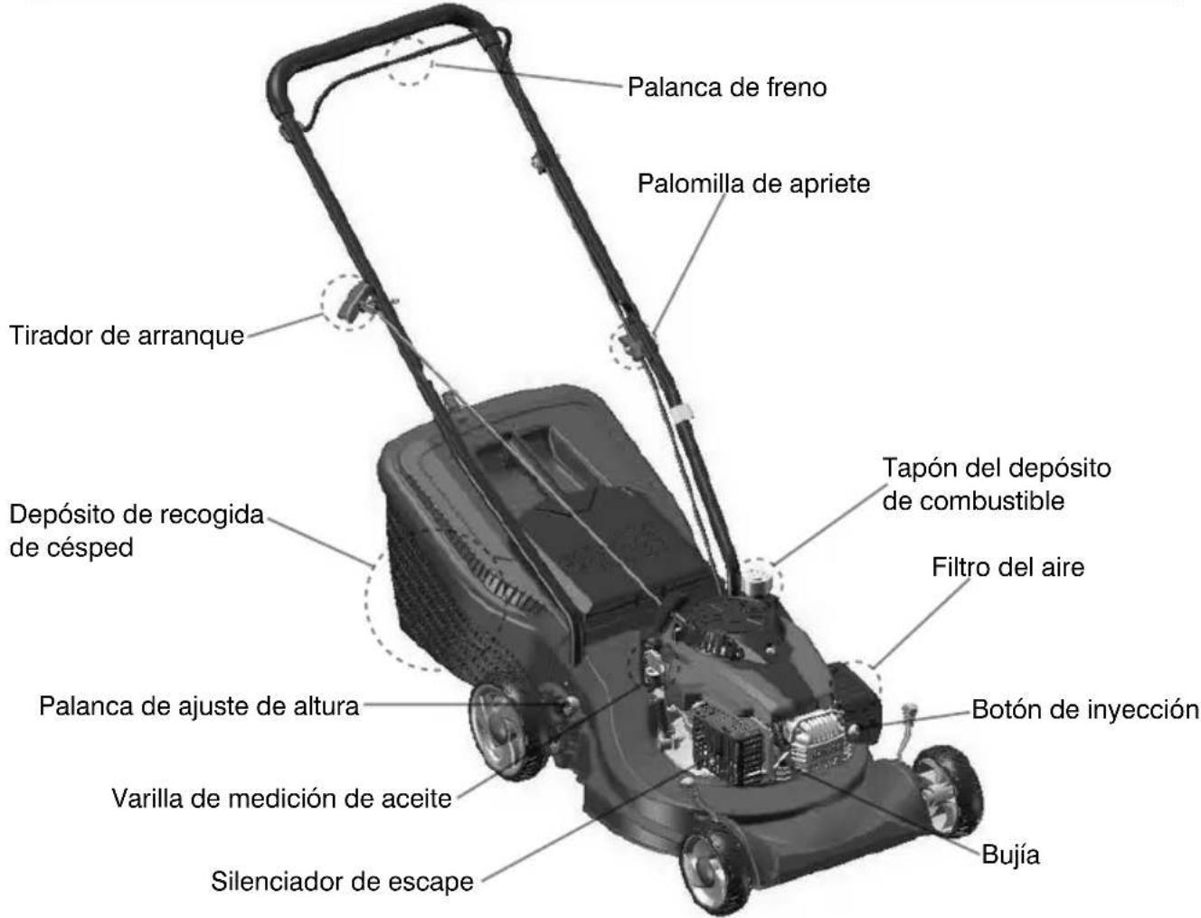 Palanca de freno Palomilla de apriete Tirador de arranque Depósito de recogida de césped Palanca de ajuste de altura Varilla de medición de aceite Silenciador de escape Tapón del depósito de combustible Filtro del aire Botón de inyección Bujía