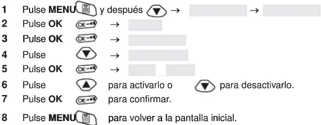 1 Pulse MENU y después → 2 Pulse OK → 3 Pulse OK → 4 Pulse → 5 Pulse OK → 6 Pulse ▲ para activarlo o ▼ para desactivarlo. 7 Pulse OK para confirmar. 8 Pulse MENU para volver a la pantalla inicial.