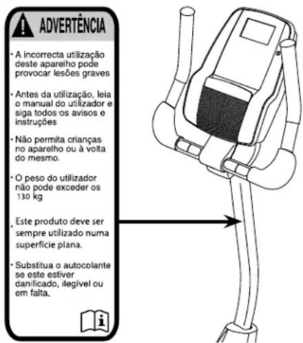 ADVERTÊNCIA • A incorrecta utilização deste aparelho pode provocar lesões graves • Antes da utilização, leia o manual do utilizador e siga todos os avisos e instruções • Não permita crianças no aparelho ou à volta do mesmo. • O peso do utilizador não pode exceder os 130 kg • Este produto deve ser sempre utilizado numa superfície plana. • Substitua o autocolante se este estiver danificado, ilegível ou em falta.