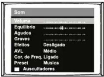 Som Volume Equilibrio Agudos Graves Efeitos Desligado AVL Médio Cor. de Freq. Ligado Preset Musica ■ Auscultadores