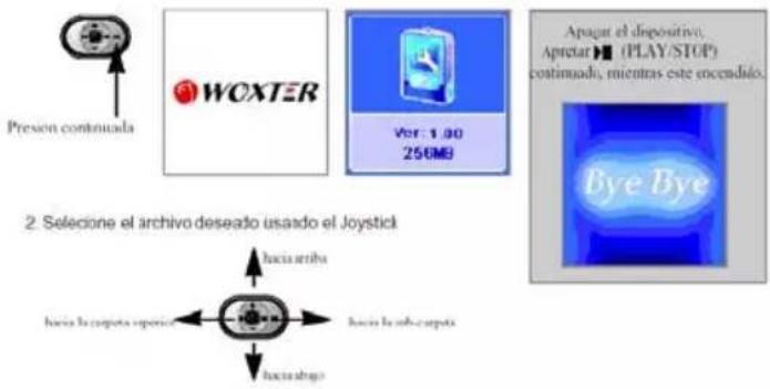 Preson continuada WCXTER Ver: 1.00 256MB Apogar el dispositivo. Apretar (PLAY/STOP) continuado, mientras este encendido. Bye Bye 2. Seleccione el archivo deseado usado el Joystick hacia arriba hacia la cupeña superior hacia la rubra cupeña hacia shago
