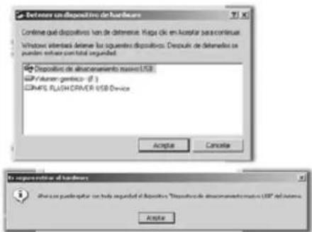 Textener un dispositivo de hardware Confine qué dispositivos han de deterece. Hapa cie en Acaclar pas continuum. Windows exportas deterve los siguientes dispositivos. Despuié de detendeo con puestos software por total seguided. Dispositivo de almacenimiento masco USB: USB Provider: genérica - (F:) COMPS RIOSHORMER USB Device Acepta Cancela In representable of hardware Alve que puestos para han todo seguided el Dispositivo Dispositivo de almacenimiento masco USB del sistema. Acepta