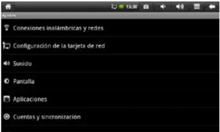 Conexiones inalámbricas y redes Configuración de la tarjeta de red Sonido Pantalla Aplicaciones Cuentas y sincronización