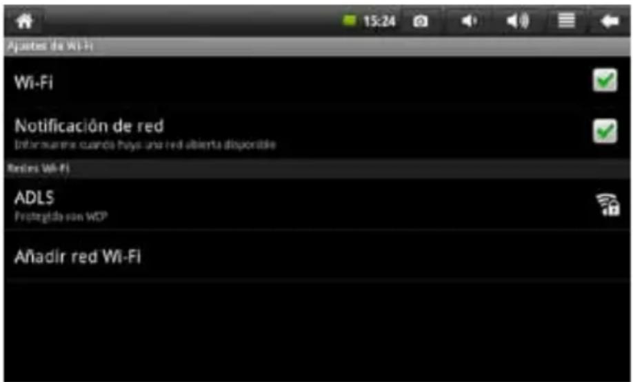 Ajustes de Wi-Fi Wi-Fi Notificación de red Informarre cuando hays una red abierta disponible Restres Wi-Fi ADLS Protergida van WCP Añadir red Wi-Fi