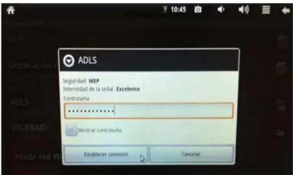 SEGURIDAD WEP Intervidad de la señal Excelente Contrasteña ****** Mostrar contrasteña Establecer conexión Cancelar