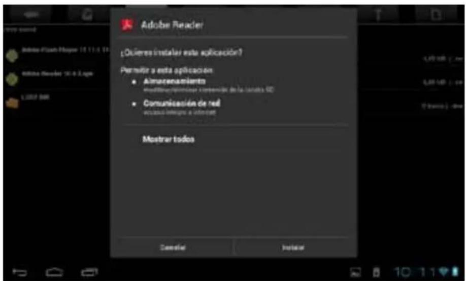 Adobe Reader ¿Quieres instalarí esta aplicación? Permitir a esta aplicación • Almacenamiento Modificación de la Barcelona 10 • Comunicación de red aquatro integrar a internet Mostrar todos Desertel Instalar
