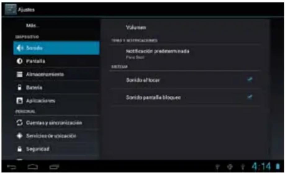 Ajustes Más... ASPOSITIVO Sonido Pantalla Almaceramiento Bateria Aplicaciones PERSONAL Cuentas y sincorización Servicios de ubicación Seguridad Volumen TOSO Y NOTIFICACIONES Notificación predominada Para Seal SINUSAN Sonido el tocar Sonido parallía bloqueo