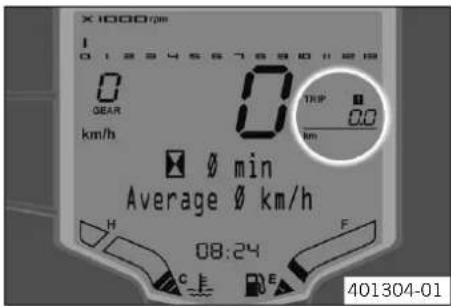 X1000 rpm 0 1 2 3 4 5 6 7 8 9 10 11 12 0 GEAR km/h 0 TRIP 0.0 km Ø min Average Ø km/h 08:24 F C E 401304-01