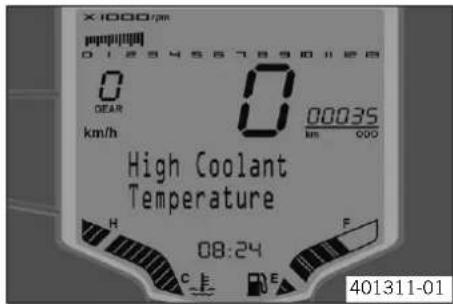 X1000/PM 0 DEAR km/h 0 00035 km 000 High Coolant Temperature H 08:24 C F E F 401311-01