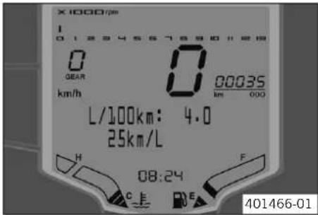 X1000rpm 0 1234567890#28 0 GEAR km/h 0 00035 km 000 L/100km: 4.0 25km/L H C E F 08:24 401466-01