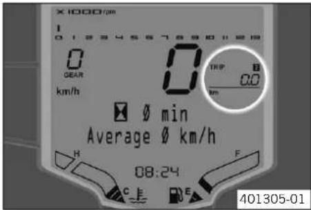 X1000 rpm 1 0 12345678800129 0 GEAR km/h 0 TRIP B 0.0 km Ø min Average Ø km/h 08:24 F C E 401305-01