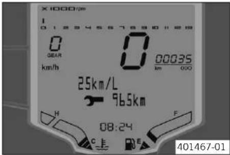 X1000 rpm 0 1234567890#28 0 GEAR km/h 0 00035 km 000 25km/L 96.5km H C E F 08:24 401467-01