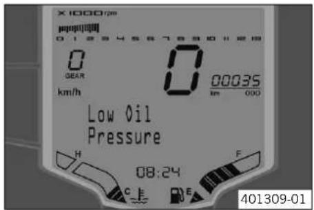 X1000/0h papapar@000 0 12345678901128 0 GEAR km/h 0 00035 km 000 Low Oil Pressure H C E F 08:24 401309-01