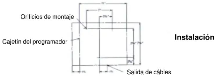 Orificios de montaje Cajetín del programador Salida de câbles Instalación
