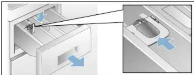 Diagram showing a device being inserted into a drawer, with arrows indicating direction of movement (no text or symbols present)