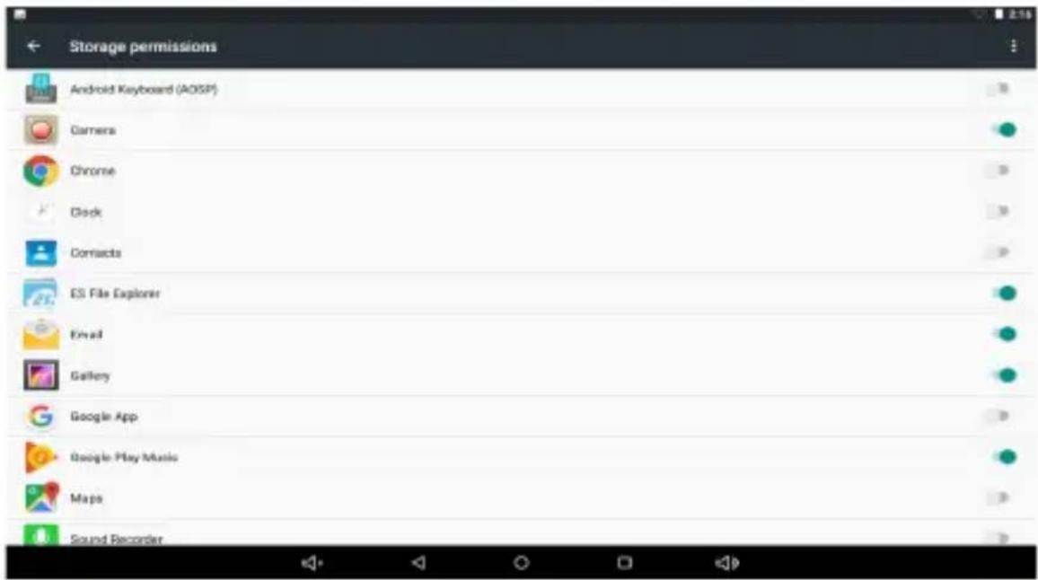 Storage permissions Android Keyboard (AOSP) Camera Chrome Clock Contacts ES File Explorer Email Gallery Google App Google Play Music Maps Sound Recorder
