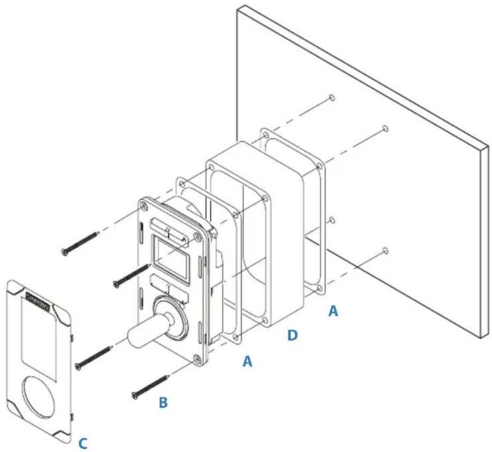 Technical diagram of a device assembly with labeled components A, B, C, D and a separate view of a device casing.