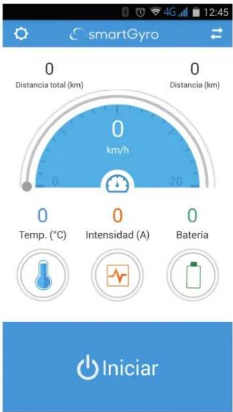 smartGyro 0 Distancia total (km) 0 Distancia (km) 0 km/h 0 Temp. (°C) 0 Intensidad (A) 0 Batería Inicio