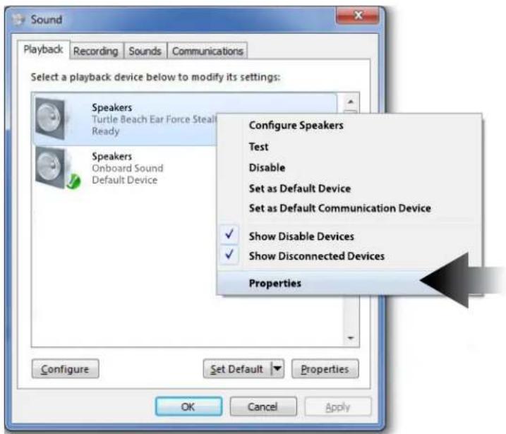 Sound Playback Recording Sounds Communications Select a playback device below to modify its settings: Speakers Turtle Beach Ear Force Steal Ready Speakers Onboard Sound Default Device Configure Speakers Test Disable Set as Default Device Set as Default Communication Device ✓ Show Disable Devices ✓ Show Disconnected Devices Properties Configure Set Default Properties OK Cancel Apply