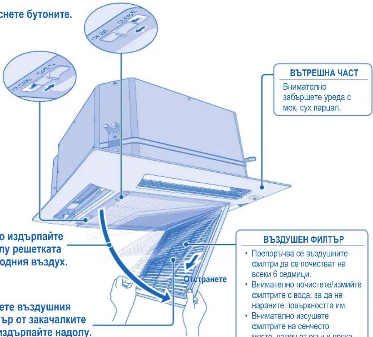 снете бутоните. CLOSE CLOSE BЪТРЕШНА ЧАСТ Внимателно забършете уреда с мек, сух парцал. Оо издърпайте лу решетката одния въздух. гете въздушния ър от закачалките издърпайте надолу. Отстранете ВЪЗДУШЕН ФИЛТЪР • Препоръчва се въздушните филтри да се почистват на всеки 6 седмици. • Внимателно почистете…